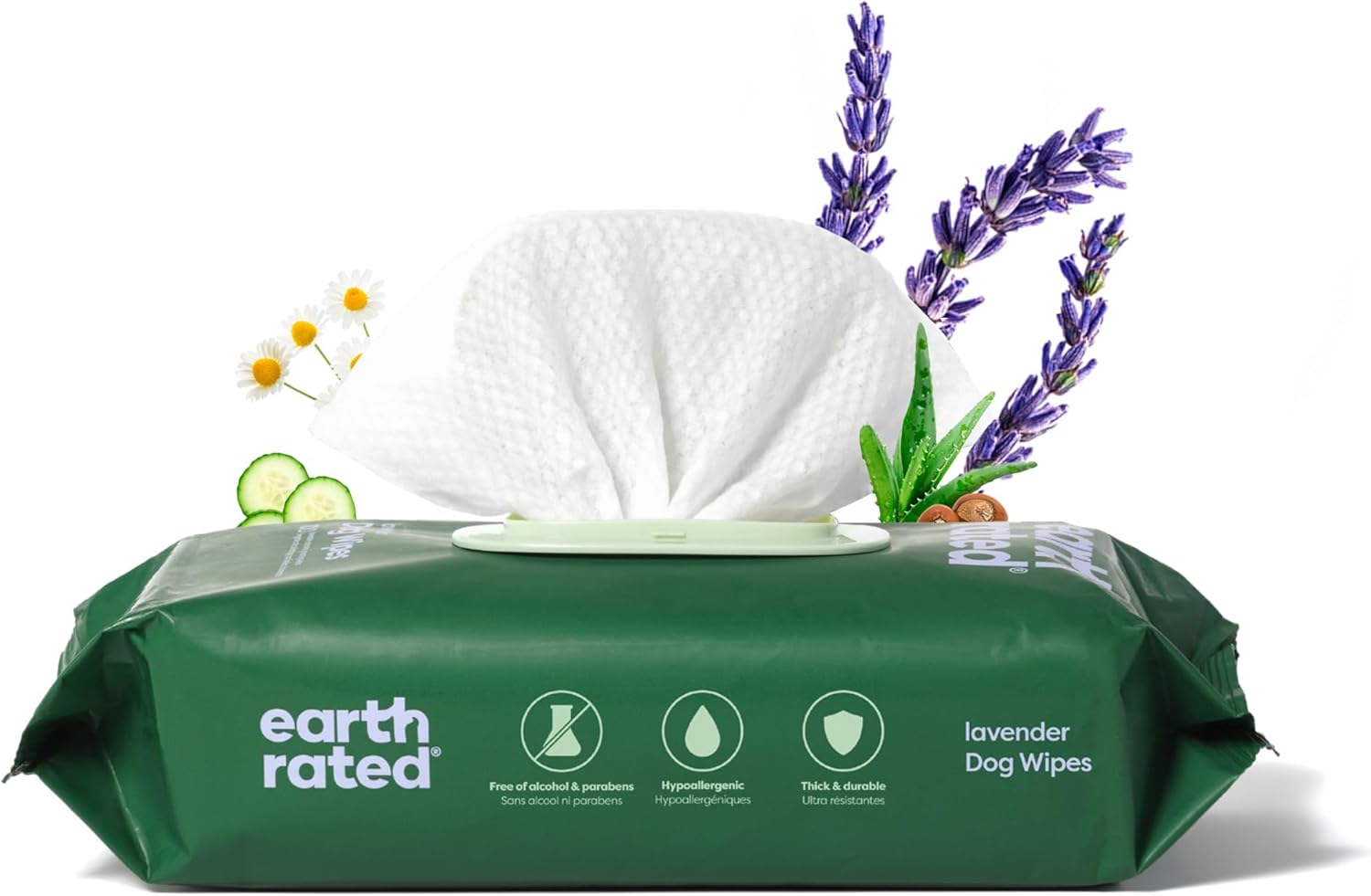 Earth Rated Dog Grooming Wipes, Plant Based Paw & Coat Cleaner, Lavender Scent, 100 Count Canister