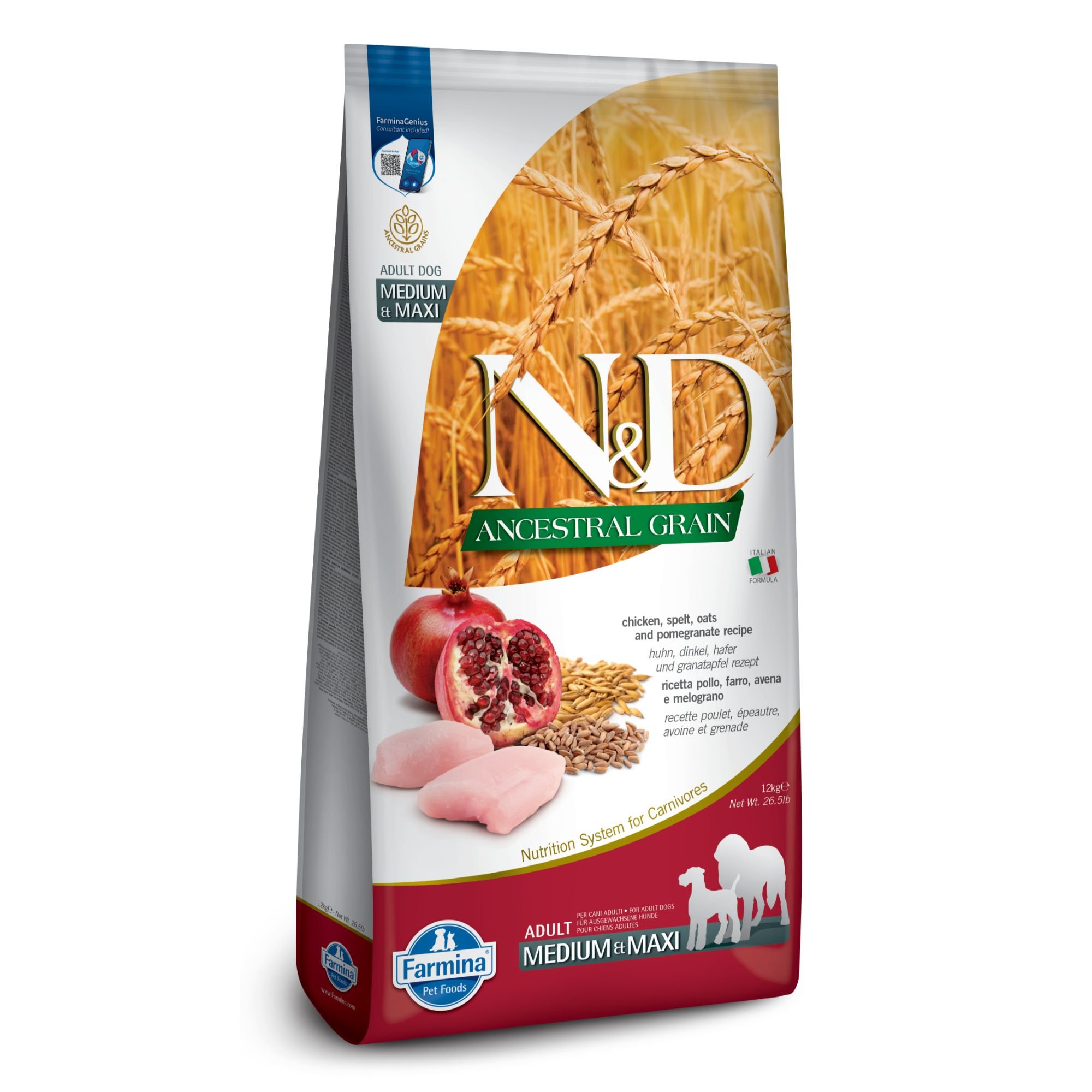 Farmina N&D Ancestral Grain Dry Dog Food, Chicken & Pomegranate, Adult Medium, 26.4 lb. Bag