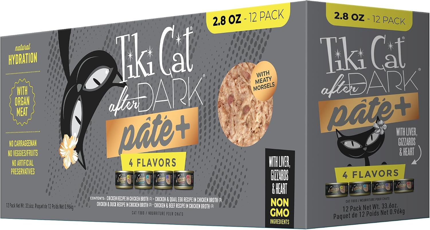 Tiki Cat After Dark Variety Pack Grain-Free Wet Cat Food, Meat in Broth, 2.8 oz. Cans, Pack of 12